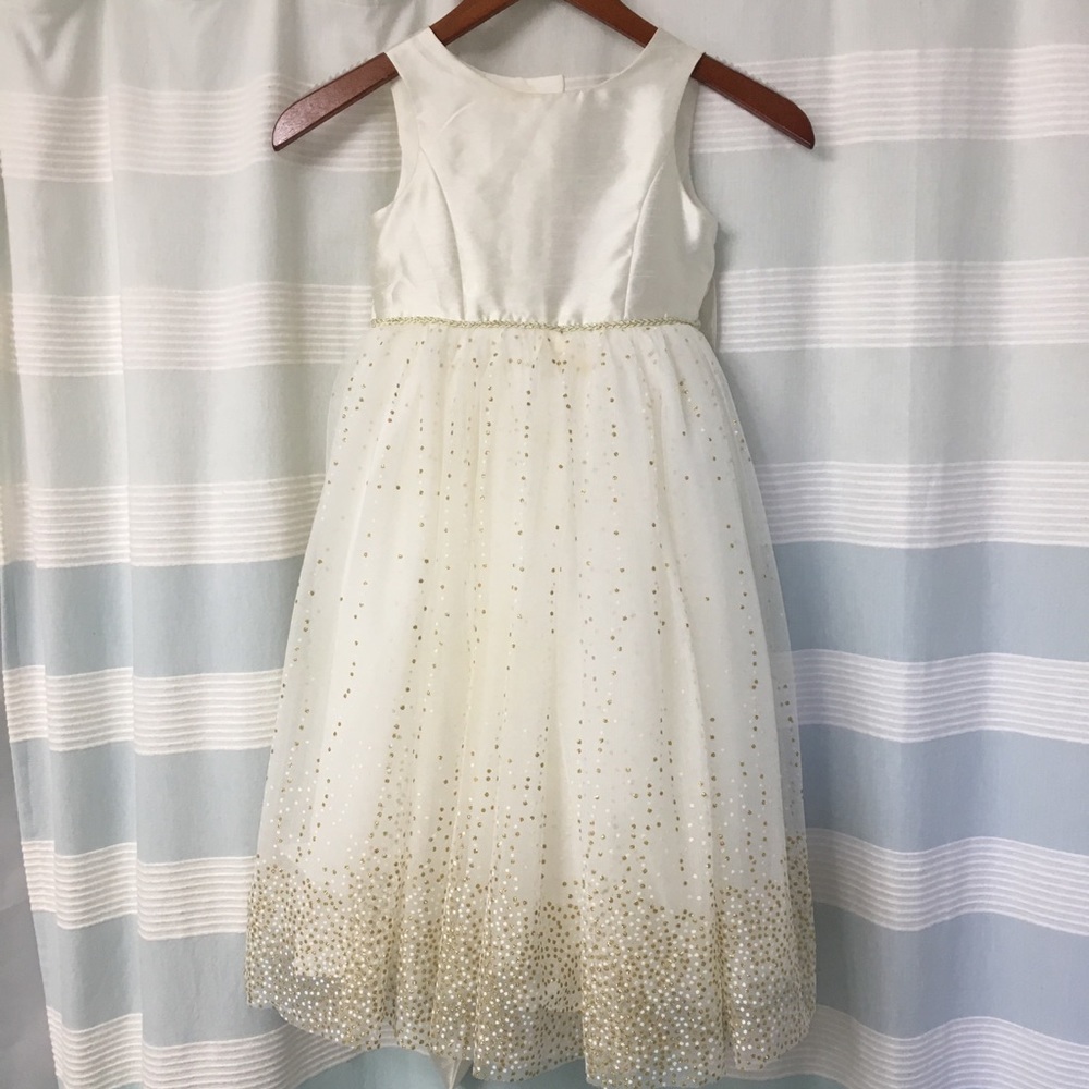 David’s Bridal flower girl dress in ivory and gold